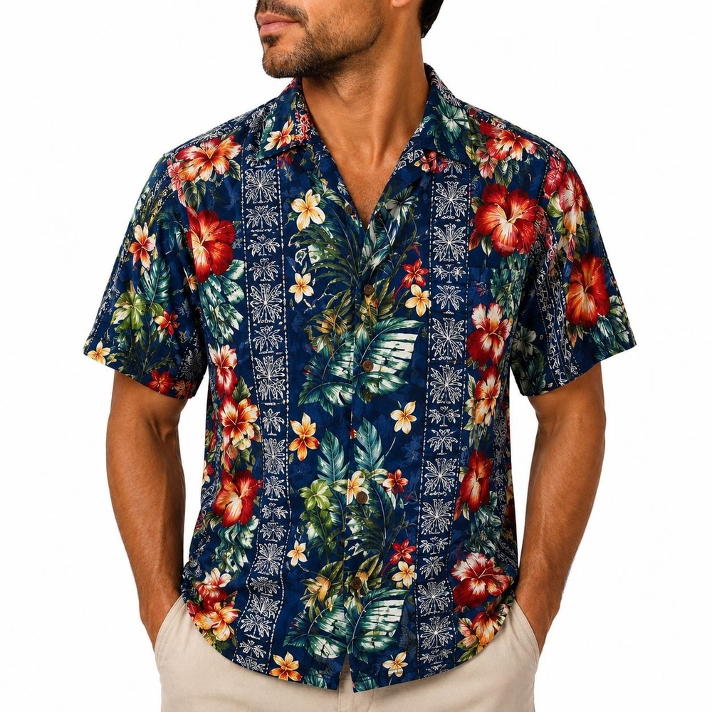 RJC Hawaiian Aloha Shirt Medium Tribal Hibiscus Flowers Ukuleles Palms Blue Red